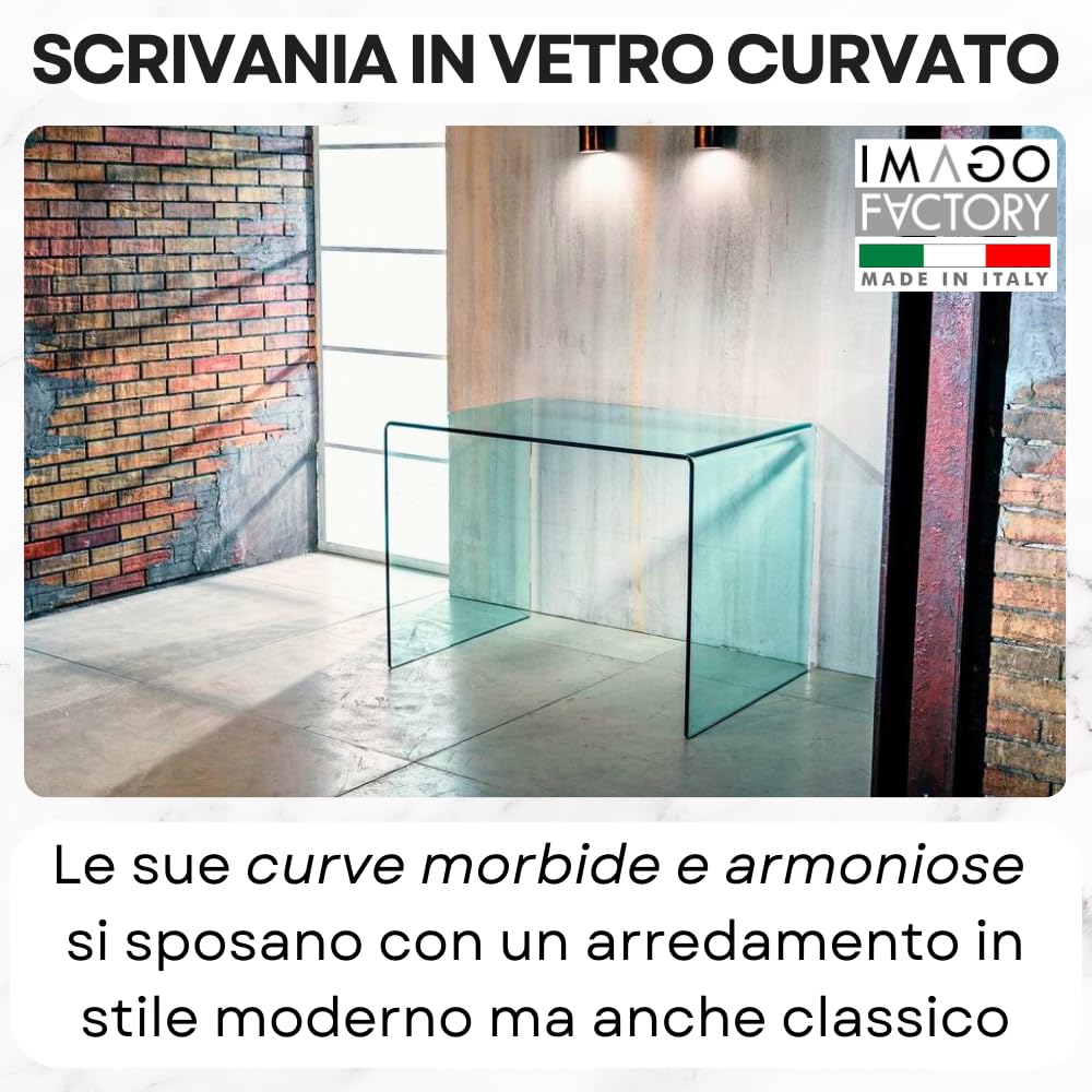 Imago Factory Scriba – Escritorio de estudio y oficina de cristal moderno (100 x 70 cm), ideal para casa y oficina, fabricado con puente de cristal curvado transparente