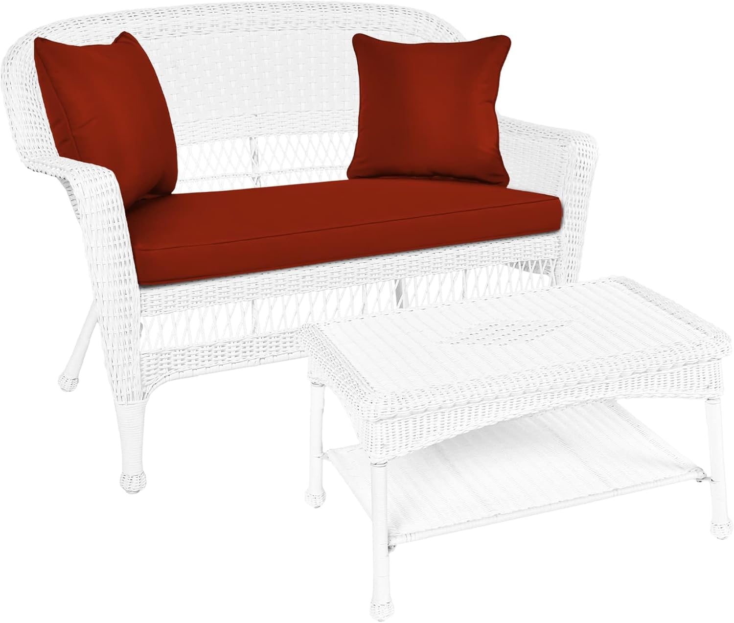Jeco Wicker Patio Love Seat and Coffee Table Set with Red Orange Cushion, White