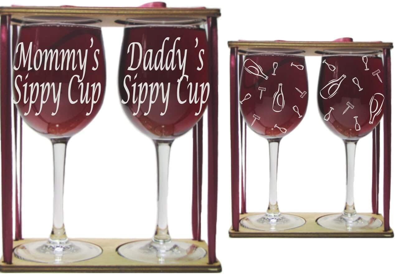 Mommy's and Daddy's Sippy Cups Stemmed Wine Glasses with Charms and Presentation Packaging