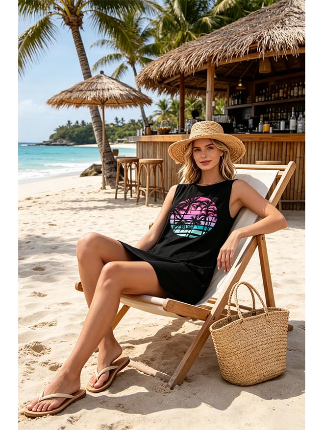 Image of Sun Salt Sand Coconut Tree Tank Mini Dress for Women Sleeveless Beach Praty Shirts Summer Vacation Short Mini Dresses