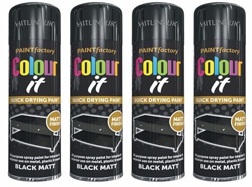 HitlineUK 4 x 250 ML Matt Black Colour Aerosol Spray Paint Can, Fast Dry Excellent Coverage Adhesion- BLACK MATT Spray Paint Auto Diy Purpose Colour Aerosol