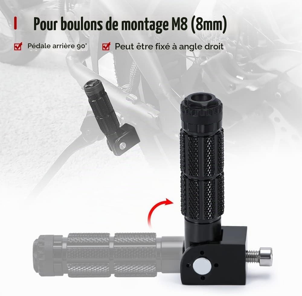 PACEWALKER M8 Repose-pieds Pliables Universels pour Moto, Pédales Anti-dérapantes en Aluminium en 2 Parties pour Voiture électrique de Moto, Tige de Support Pliante à 90 Degrés, 8mm