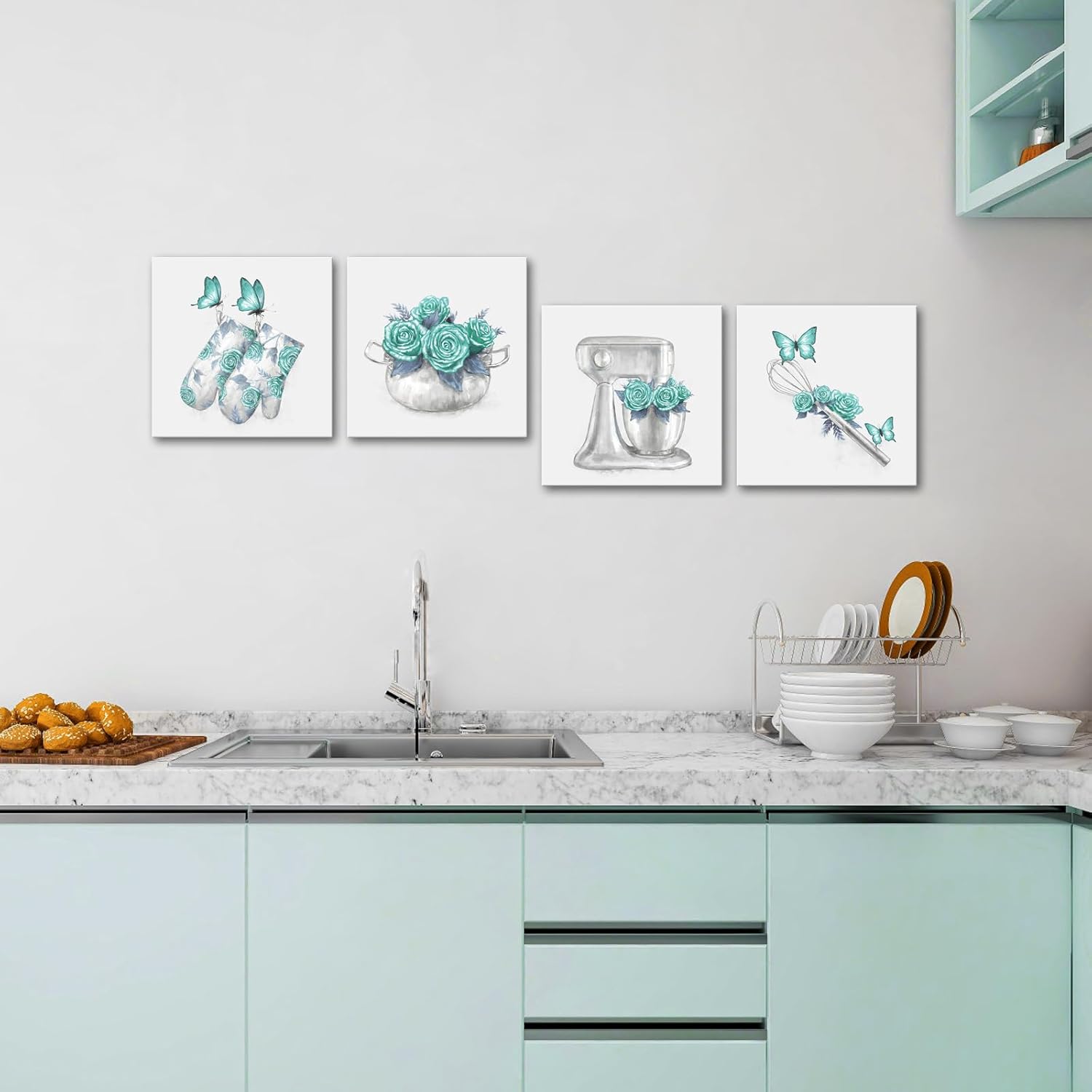 HOMEOART Kitchen Wall Art Farmhouse Kitchen Decor Flower Butterfly Painting Pictures Framed Artwork 12x12inchx4Pieces (Green)