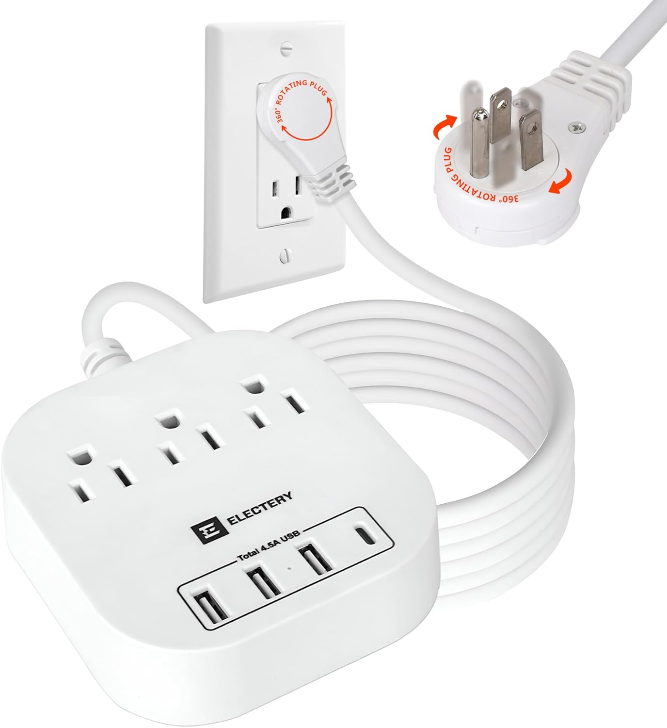 360° Rotating Flat Plug Power Strip, 6 Ft Extension Cord with 3 AC Outlets, 4 USB Ports 16 AWG Wire for Home, Office, and Travel - ETL Certified, White