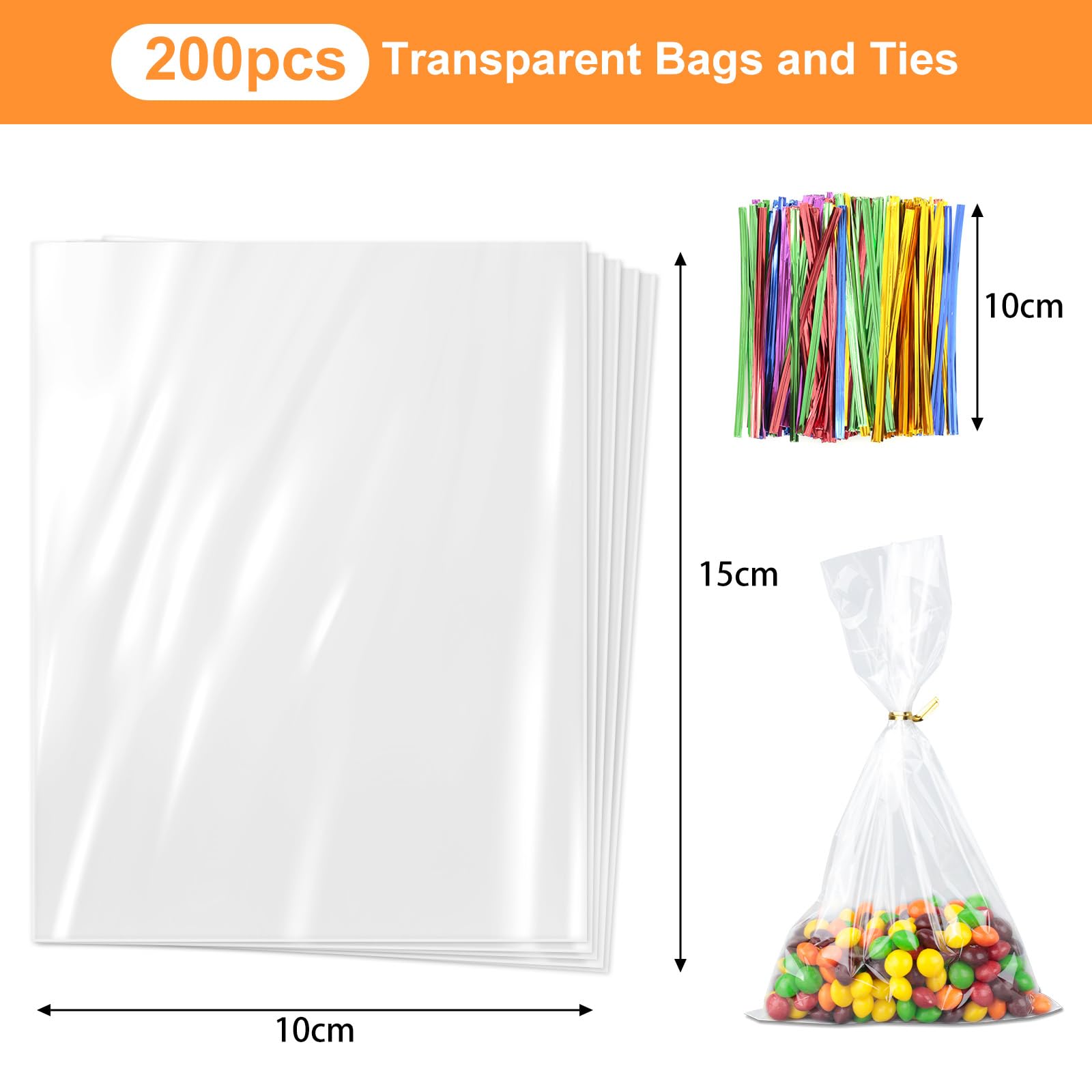 Cozary 200 Pezzi Sacchetti Trasparenti con Lacci, 15 x 10 cm Piccoli Sacchetti Cellophane Pellicola Bustine Alimenti, Sacchetti Caramelle Biscotti OPP Sac Regalo per Feste Compleanno dei Bambini