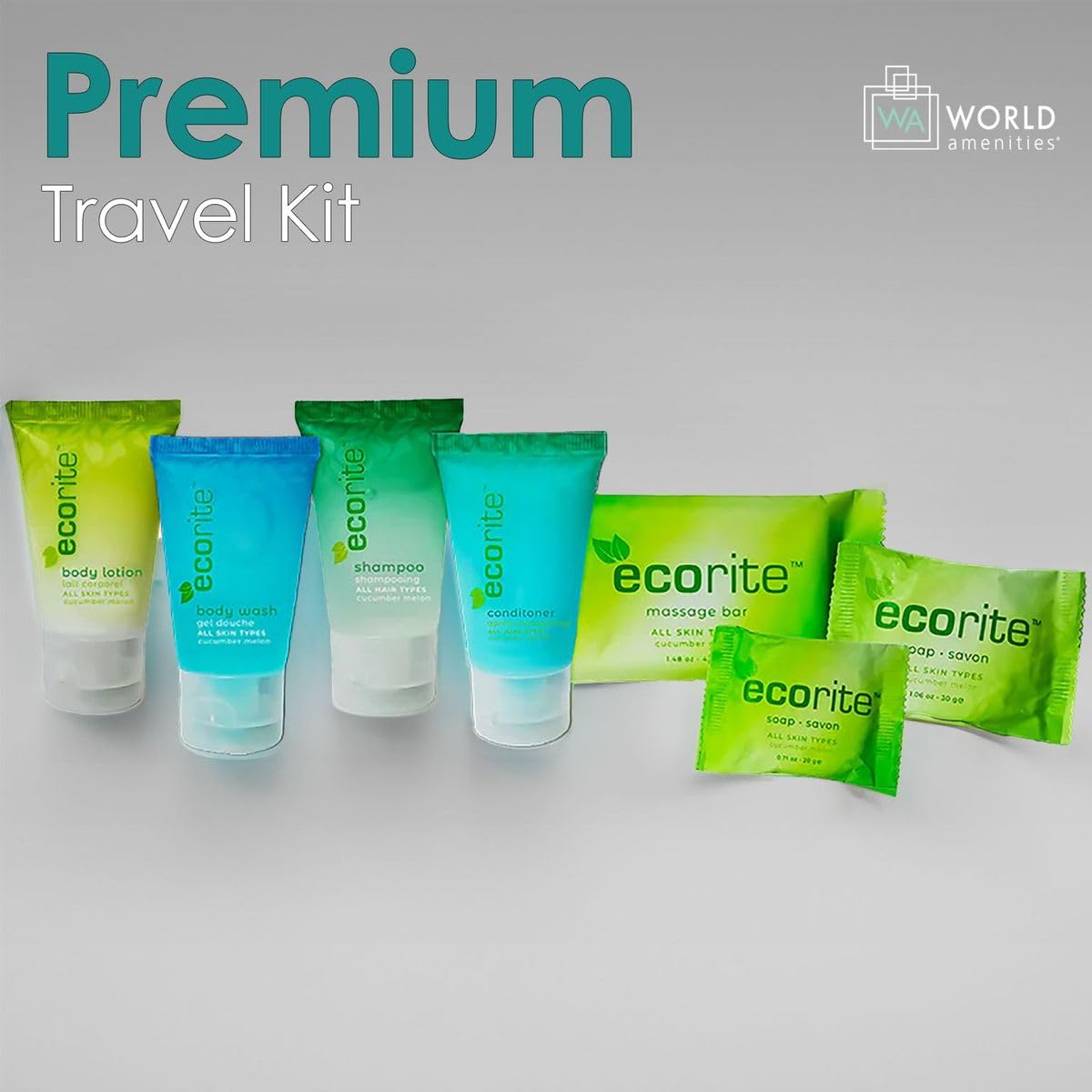 World Amenities Ecorite Toiletry Set - Case of 25 Kits - Ideal for Vacation Rentals - Contains Travel Size Shampoo, Conditioner, Lotion, Body Wash, and Bar Soap Per Kit