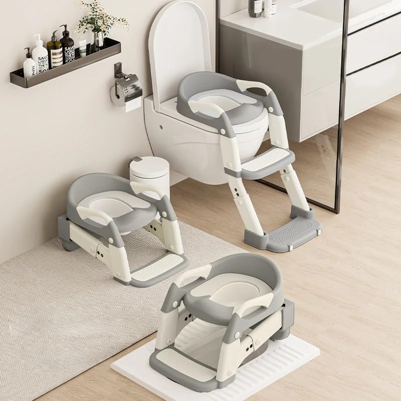 Kids Potty Training Seat with Steps, 2 in 1 Toddler Toilet Ladder Seat for Boys Girls, Soft Mat Non-Slip Splash Guard Toilet Seat with Step Stool, Children Toilet Training in Bathroom(Grey)