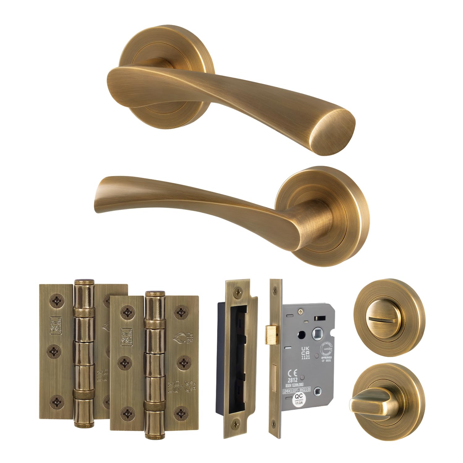 EAI Antique Brass Bathroom Door Handles with Lock Kit, 1 Pair of Internal Round Rose Door Handles, Lock 80mm, Hinges 64mm - Novoli Range