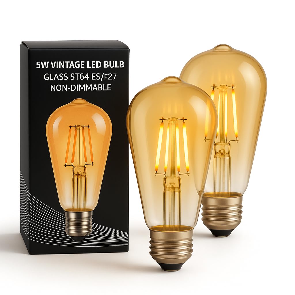 Moonstone Lighting Vintage LED Bulbs, ST64 ES/E27, 5W 2700K Warm White, 510 Lumens, Non-Dimmable, 2 Pack