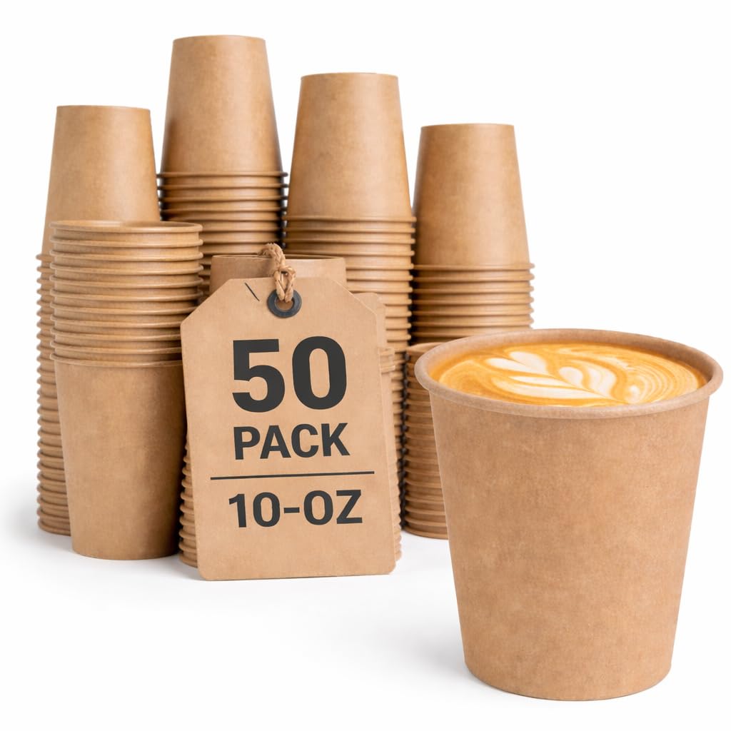 10oz (300ml) Unbleached Kraft Paper Cups – 50 Pack Eco-Friendly Disposable Hot Drink Cups, Brown Natural Single Wall Coffee Cups for Tea, Coffee & Beverages