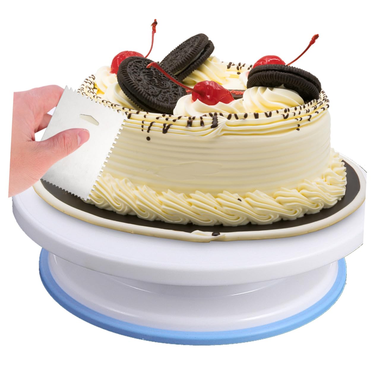 7 Stück Kuchen Dekorationsset mit Drehteller, Kunststoff und Edelstahl | Weiße Ausführung, 4 Edelstahl Schaber Plus 2 Kunststoffspatel, Rutschfeste Basis mit Kugeln