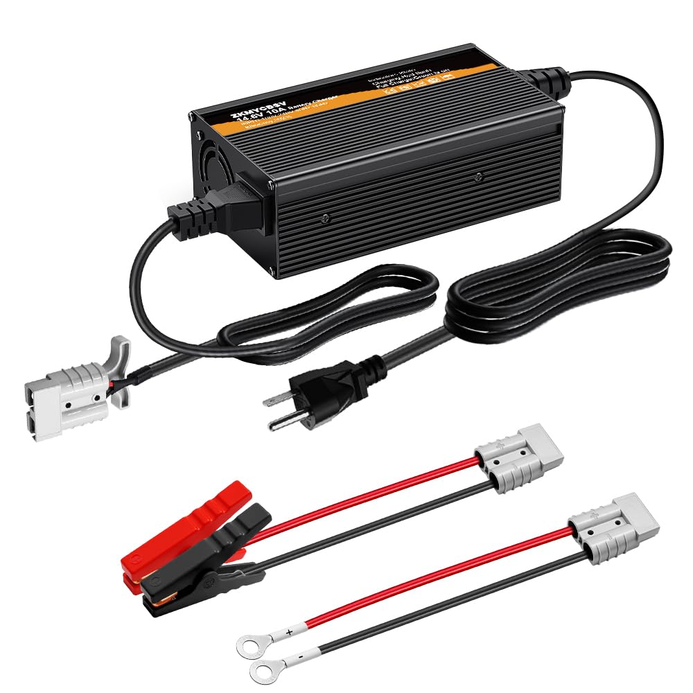 14.6V 10A LiFePO4 Battery Charger, Fast Charging, High Efficiency, 4 Safety Protections, 10 Amp Lithium Battery Charger with Anderson Connector LED Indicator Charger for Car, Truck, Boat, RV