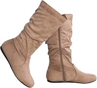 Olivia K Women's Low Heel Mid-Calf Slouchy Suede Boots with Side Zipper - Comfortable Casual Slip-On