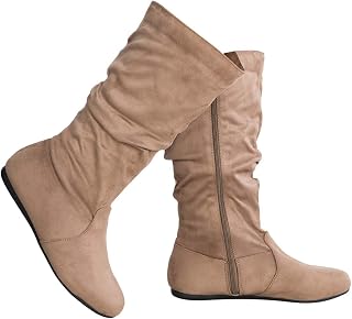 Olivia K Women's Low Heel Mid-Calf Slouchy Suede Boots with Side Zipper - Comfortable Casual Slip-On