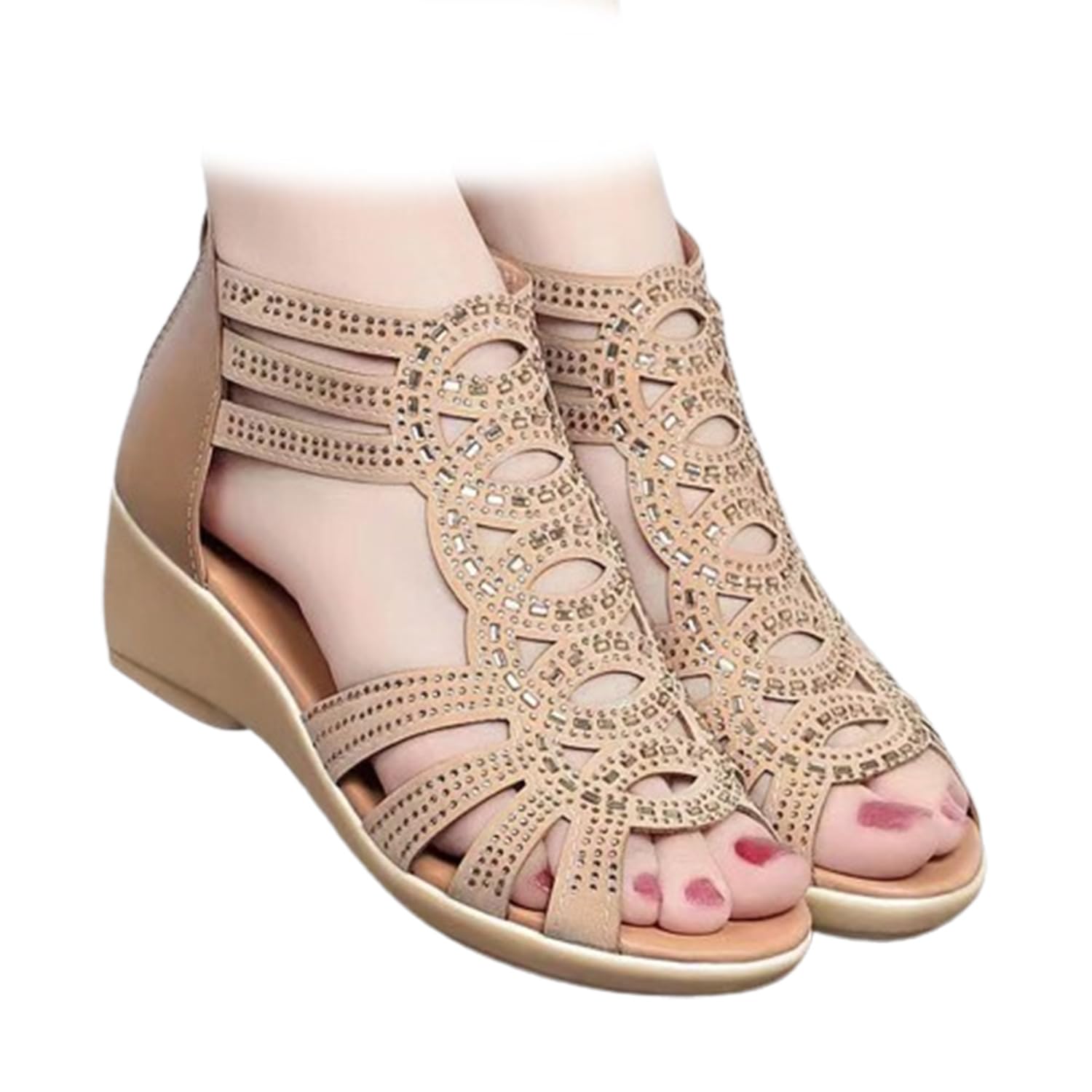 Anti-Skid Soft Rhinestone Wedge Heel Sandals,Rhinestone Zipper Strappy Anti-Slip Summer Dressy Sandals