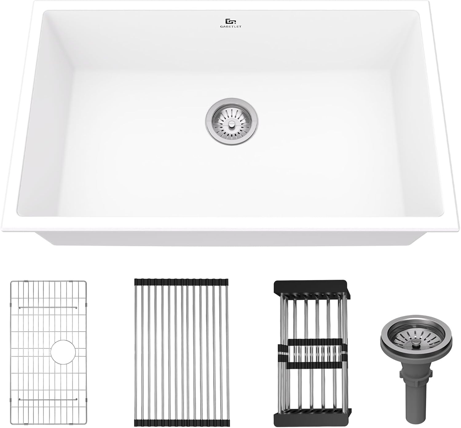 Quartz Kitchen Sink, 30 Inch White Undermount Kitchen Sink, Deep Single Bowl Granite Composite Kitchen Sink, Modern Sink Providing Complete Accessories, Spacious Workspace and Easy Cleaning Granite Composite Sink - White 30 x 18 x 10 Inch