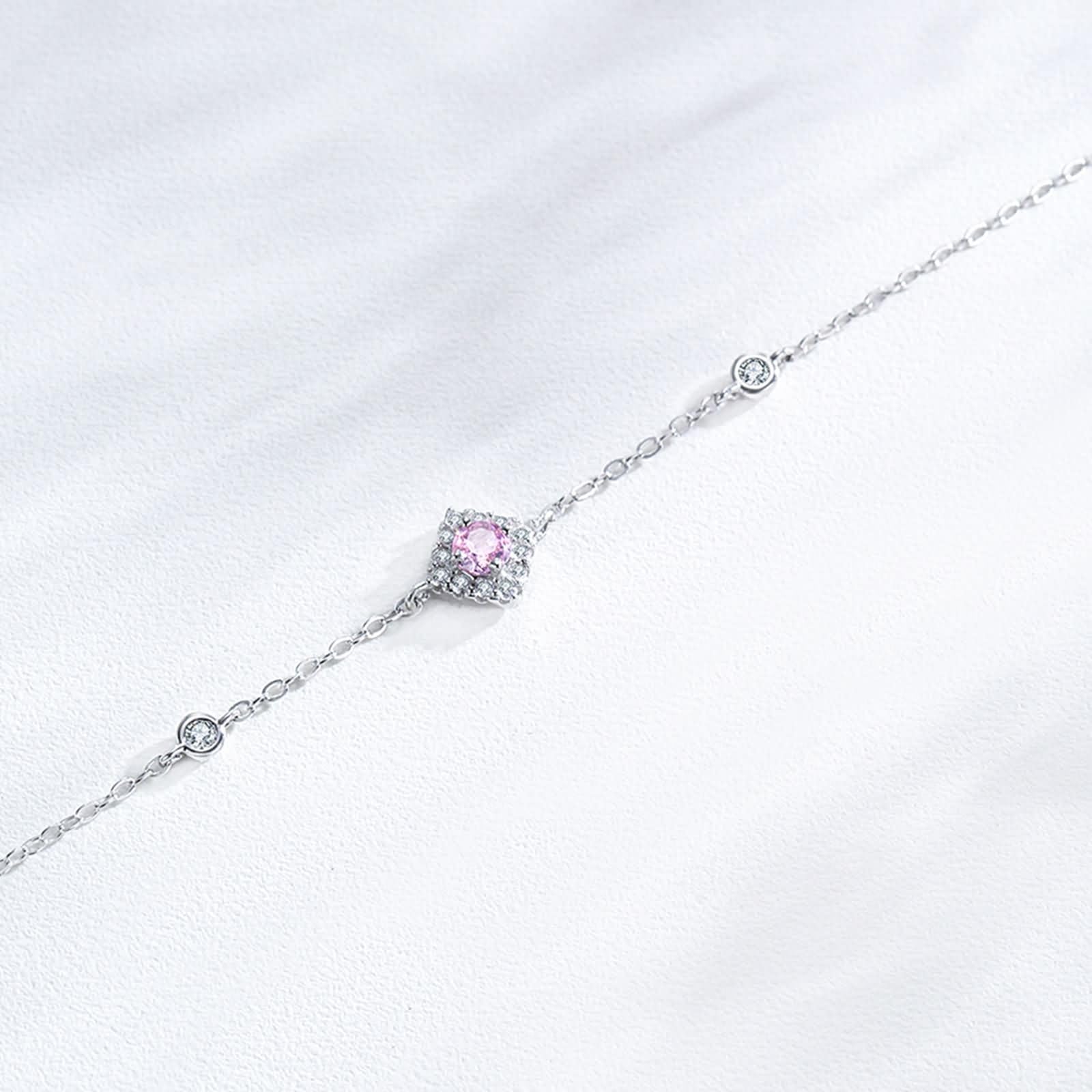 Pulsera Mujer de Oro Blanco de 9Kilates / 14Kilates / 18Kilates, Rombo y Redondo con Diamante Creado y Moissanita, Cadena Extensible 16 CM + 5 CM, Pulseras Ajustable Mujer Plata Rosa