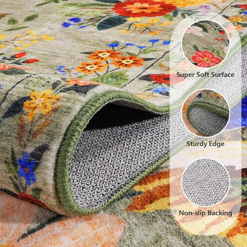 Hallway Runner Rugs 60x180cm, Non-Slip & Machine Washable Low Pile Kitchen Runner, Floral Printed Soft Carpet Runner for Hall, Entryway, Laundry, Lounge, Office, Bedroom, Green - Image 3