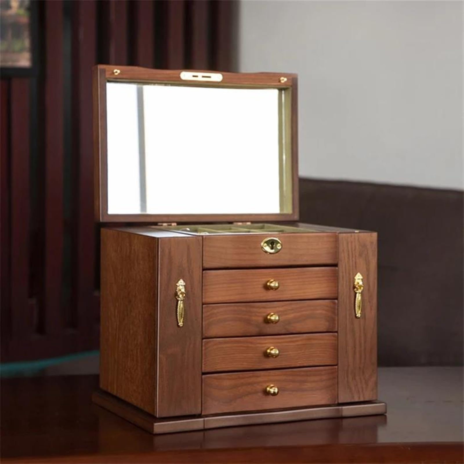 Schmuckkästchen Massivholz Aufbewahrungsbox Ohrringe Halsketten Uhren Schmuck Organizer Eheringe Haar Accessoire Make Up Vitrine Mit Spiegel Makeup Organizers