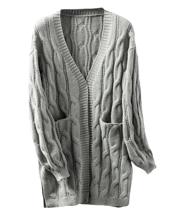 Genérico Cardigan Mujer Cárdigan Largo Gris De Manga Larga para Mujer Cárdigan De Punto Trenzado Grueso De Aran Cárdigan Holgado Informal Ligero Cárdigan Largo con Bolsillos Chaquetas para Muje