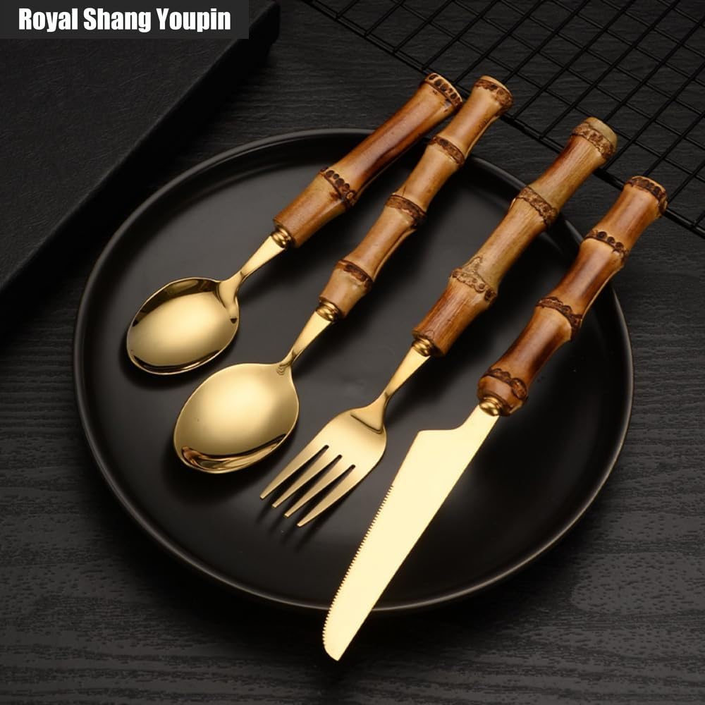 Véritable Manche en Bambou Cuisine en Acier Inoxydable Argenterie Vaisselle Couverts Couverts Couteaux Fourchettes Cuillères Ensemble Maison (Or,24 pièces/Range-Couverts)