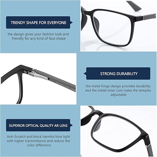 Miniatura 3 de BLUEMOKY Gafas de lectura con luz azul para hombres 0.0, lectores de marco cuadrado deportivo, gafas de computadora antirreflejos