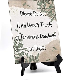 Please Do Not Flush Paper Towels Or Feminine Products in Toilets Table Sign with Green Leaves Design (6 x 8)