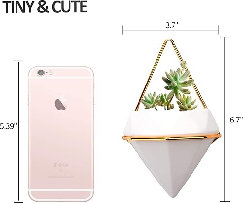 Miniatura 3 de Paquete de 2 macetas colgantes geométricas para decoración de pared, contenedor de cerámica para colgar con marco de metal para plantas suculentas,