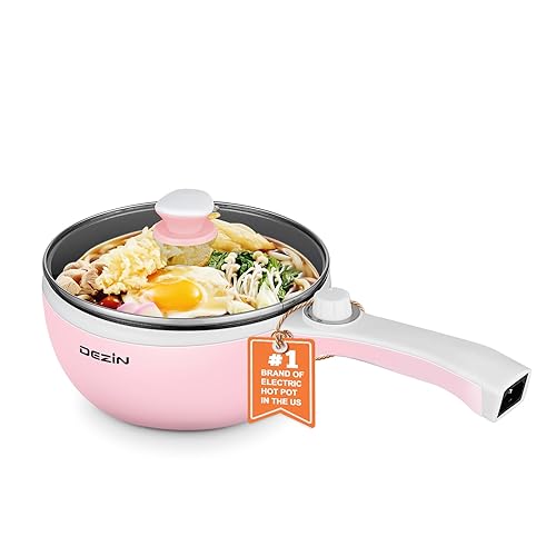 Dezin Hot Pot Electric Upgraded, Non-Stick Sauté Pan, Rapid Noodles Electric Pot, 1.5L Mini Portable Hot Pot for Steak, Egg, Fried Rice, Ramen, Oatmeal, Soup with Power Adjustment - 1.5L(Without Steamer) - Pink