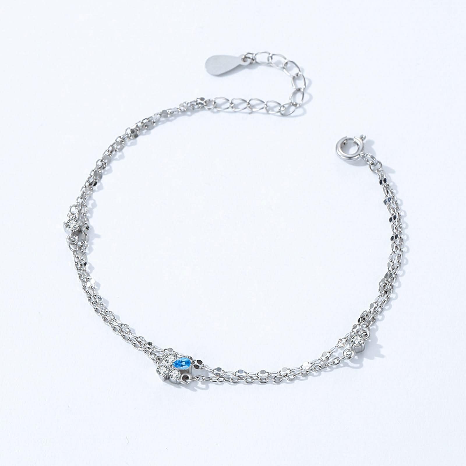 Pulseras de Mujer de Oro Blanco de 9Kilates / 14Kilates / 18Kilates, Cadena Doble Capa con Topacio y Moissanita, Cadena Extensible 16 CM + 5 CM, Pulsera de Plata Azul de Ajustable Mujer