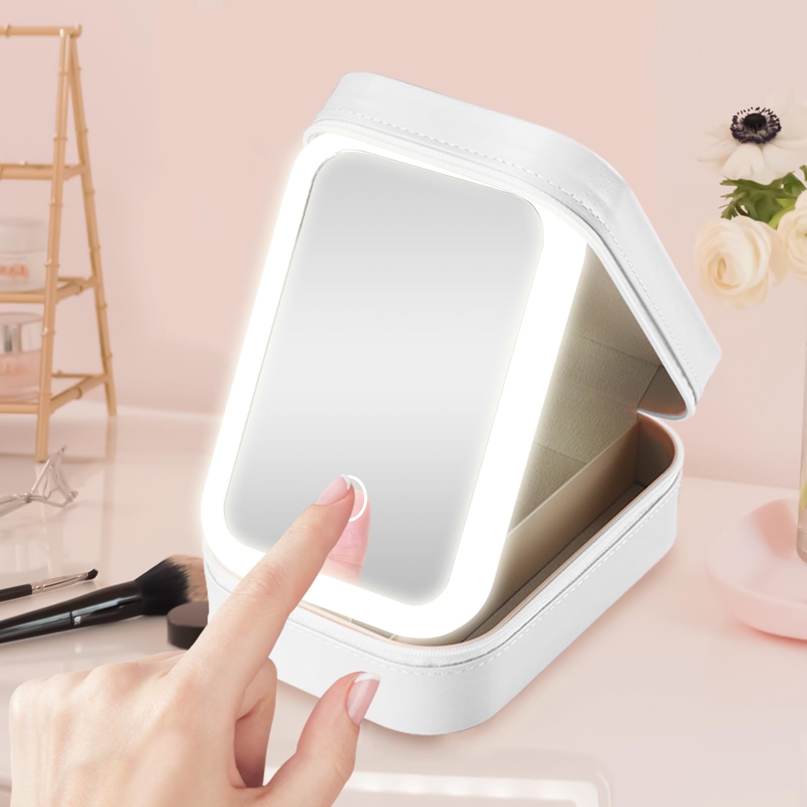 Travel Makeup Bag, Makeup Vanity Box with Mirror and Lights, Vanity Case with 4 Dividers Compartment for Women 3 Colors Modes (White) - Image 2