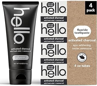 Hello Activated Charcoal Epic Teeth Whitening Fluoride Toothpaste, Fresh Mint and Coconut Oil, Vegan, SLS Free, Gluten Free and Peroxide Free, 4 Ounce (Pack of 4)