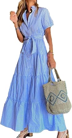 Cocoinsity Women Summer Stripes Dresses Lapel Short Sleeve Lace Up Button Down Casual Dress