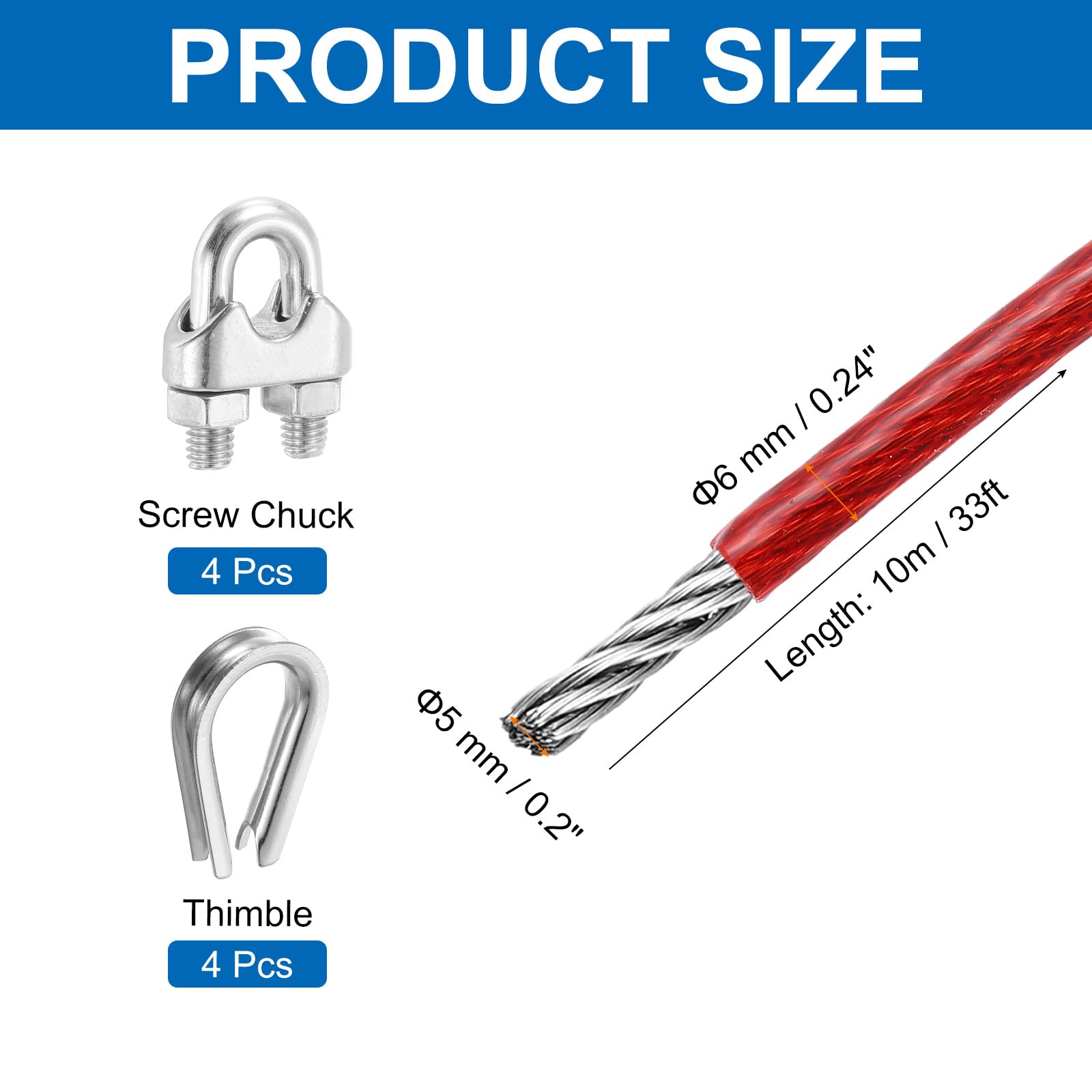 QUARKZMAN 33ft Cavo In Acciaio Inox 304, 6mm (1/4") Rivestito In Vinile Con 4 Pezzi Di Morsetti A Vite E Girelle Per Ringhiere, Decking, Appendere, Stendibiancheria, Rosso 10m