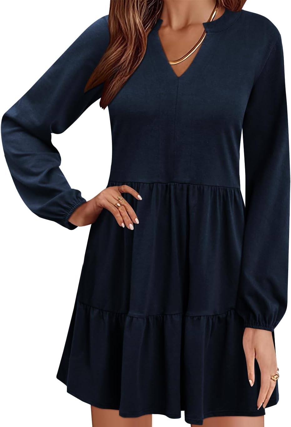 QACOHU Women Spring Tunic Dress 2026 V Neck Casual Tiered Long Sleeve with Pockets A-Line Swing Mini Babydoll Dress