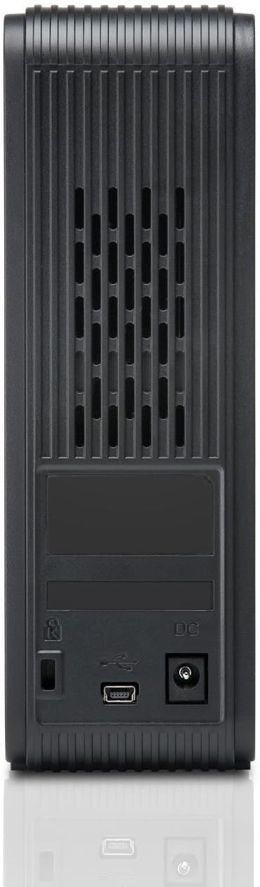 Enrere view of the Hitachi Touro Desk Dx3 external hard drive, showing the power input, USB 3.0 port, and security lock slot.