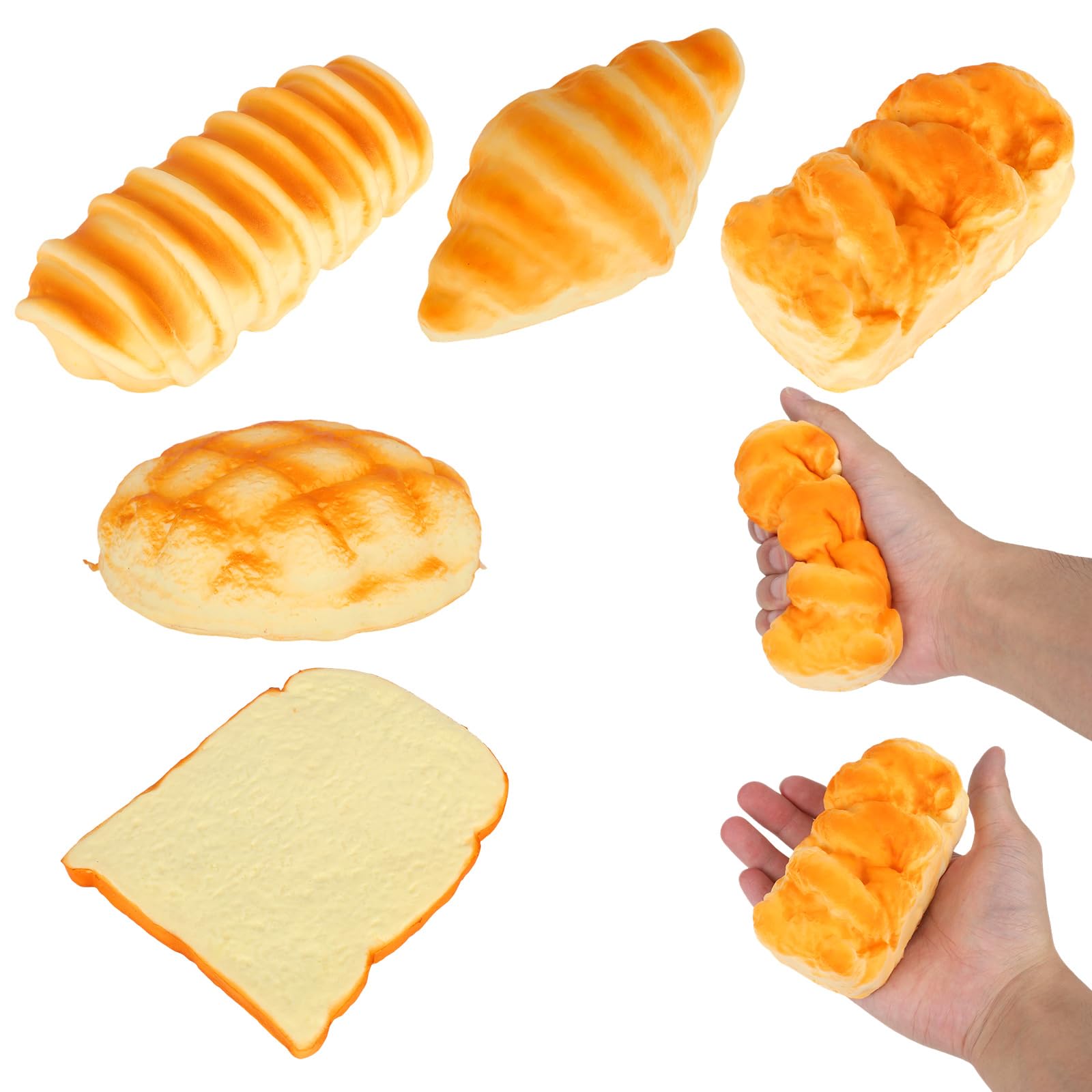 Fukaisu 5pcs Slow Rising Bread Squishy Toys, Soft Toast Caterpillar Pineapple Croissant & Danish Pastry Realistic Fake Food Squeezy Fidget for Adults