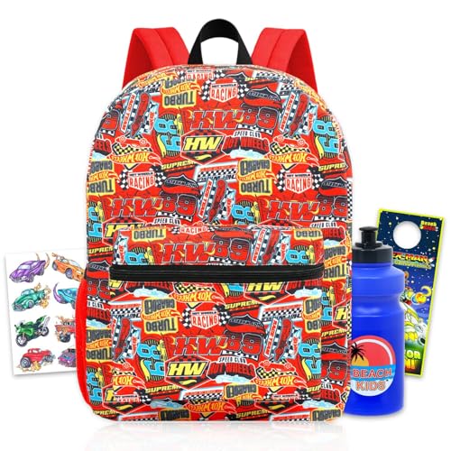 Hot Wheels Conjunto de mochila – Pacote com mochila de carro de corrida de 40,6 cm e tatuagens temporárias, garrafa de água, mais | Mochila escolar Hot Wheels para meninos, crianças