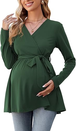OUGES Túnicas de maternidad para mujer, camisas de manga larga, cuello en V, ropa de maternidad de enfermería, blusa casual de embarazo