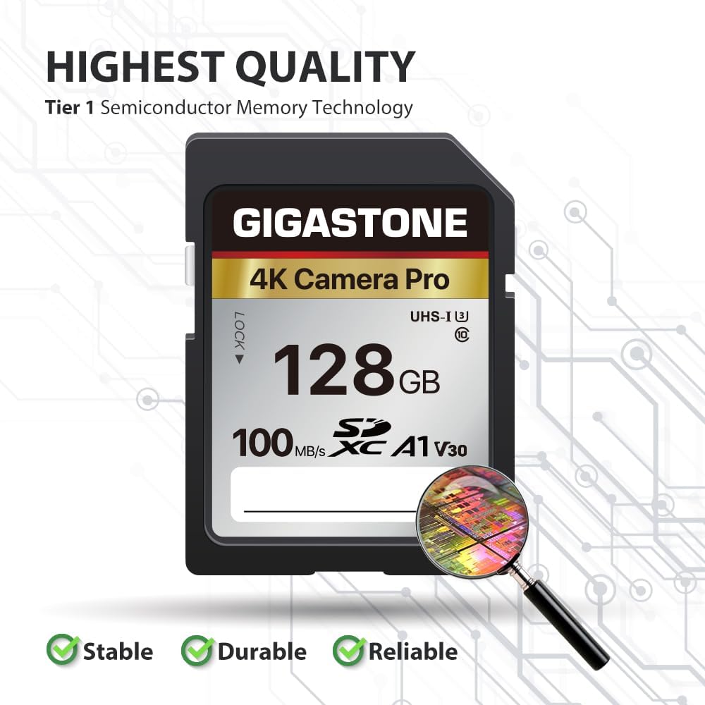 [5-letnie bezpłatne odzyskiwanie danych] GIGASTONE karta SD 128 GB z czytnikiem kart USB typu C, kamera 4K Pro, karta pamięci A1 V30 U3 SDXC kompatybilna z aparatem cyfrowym Canon Nikon Sony Panasonic