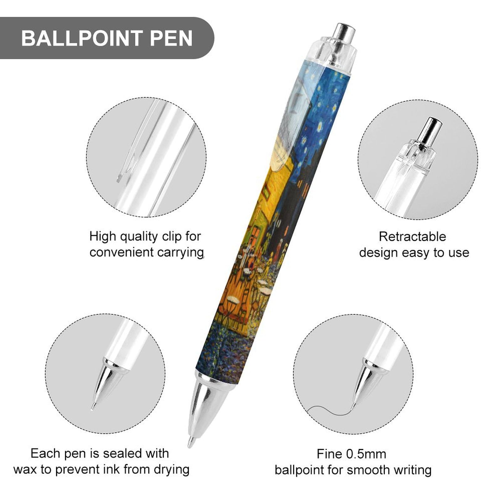 soldwellsd Penne a sfera nere, penne a sfera a inchiostro gel, scrittura liscia, retrattile, punta fine da 0,5 mm, per scuola, ufficio, motivo Van Gogh, 4 pezzi