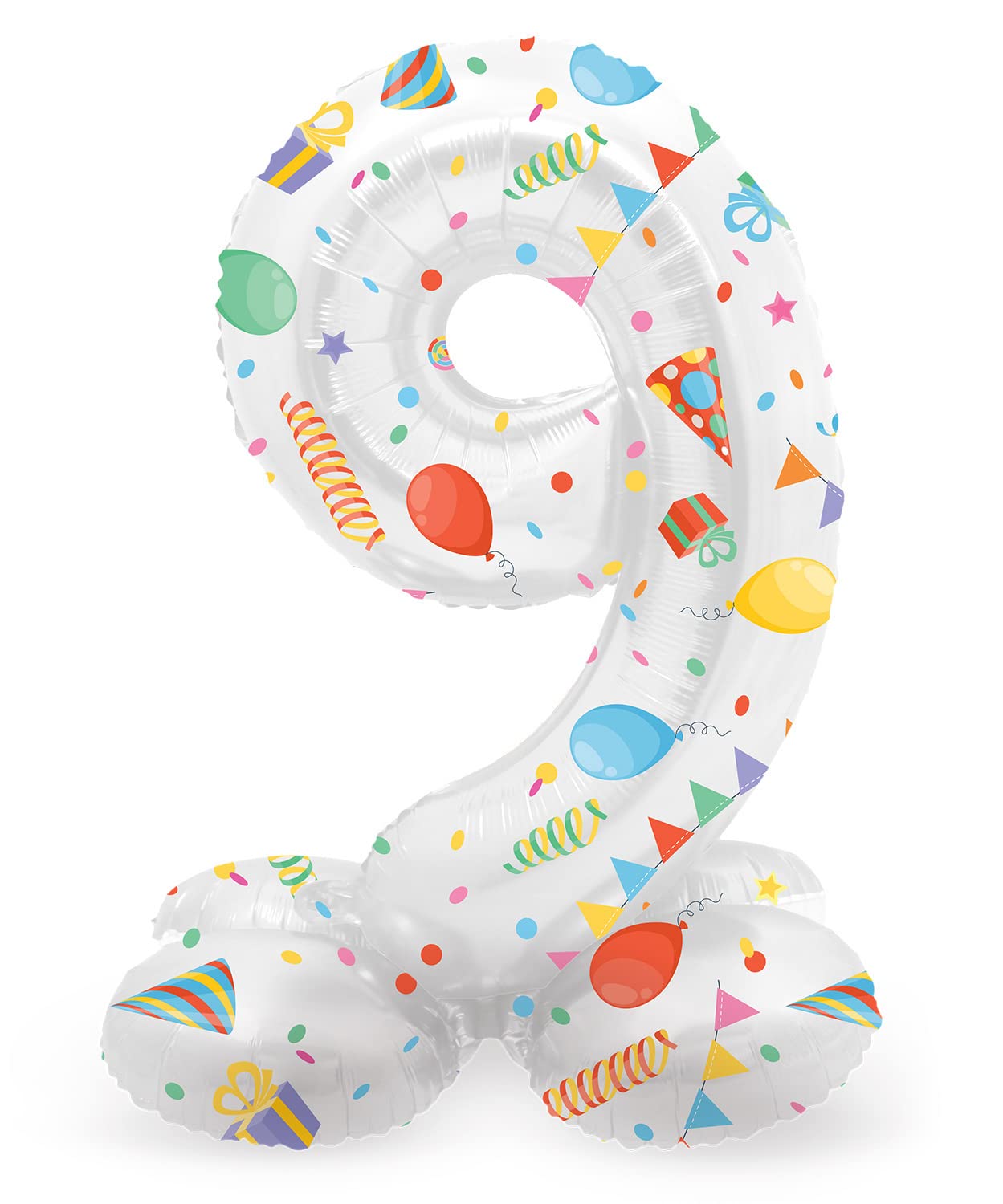 Folat 63969 Standing 9 Joyful Party White with Gifts 72 cm Birthday Decoration, Balloon Number, No Helium Required, Multicoloured, Standard Size