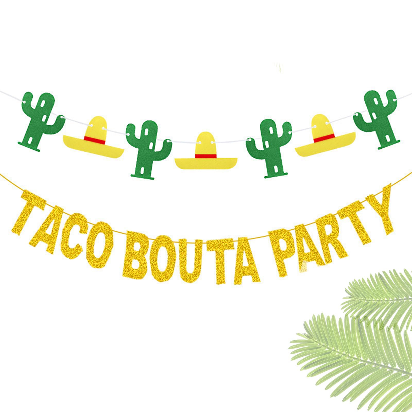 Gold Glitter Taco Bout A Party Banner, Mexican Fiesta Party Decorations with Cactus & Sombrero Cutouts, Cinco De Mayo Themed Garland for Taco Night, Birthday & Fiesta Celebrations