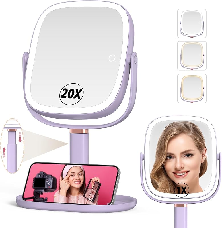 Espelho para maquiagem Mocado com iluminação, ampliação 1x/20x, rotação de 360° e base organizadora