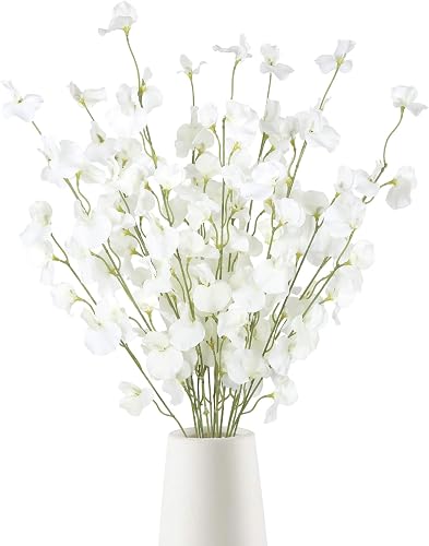 IPOPU 8PCS White Sweet Pea Flowers Artificial 39" Tall Fake Flowers Faux Silk Flowers Long Stem Artificial Flowers for Tall Vase Wedding Party Home Decoration(White)
