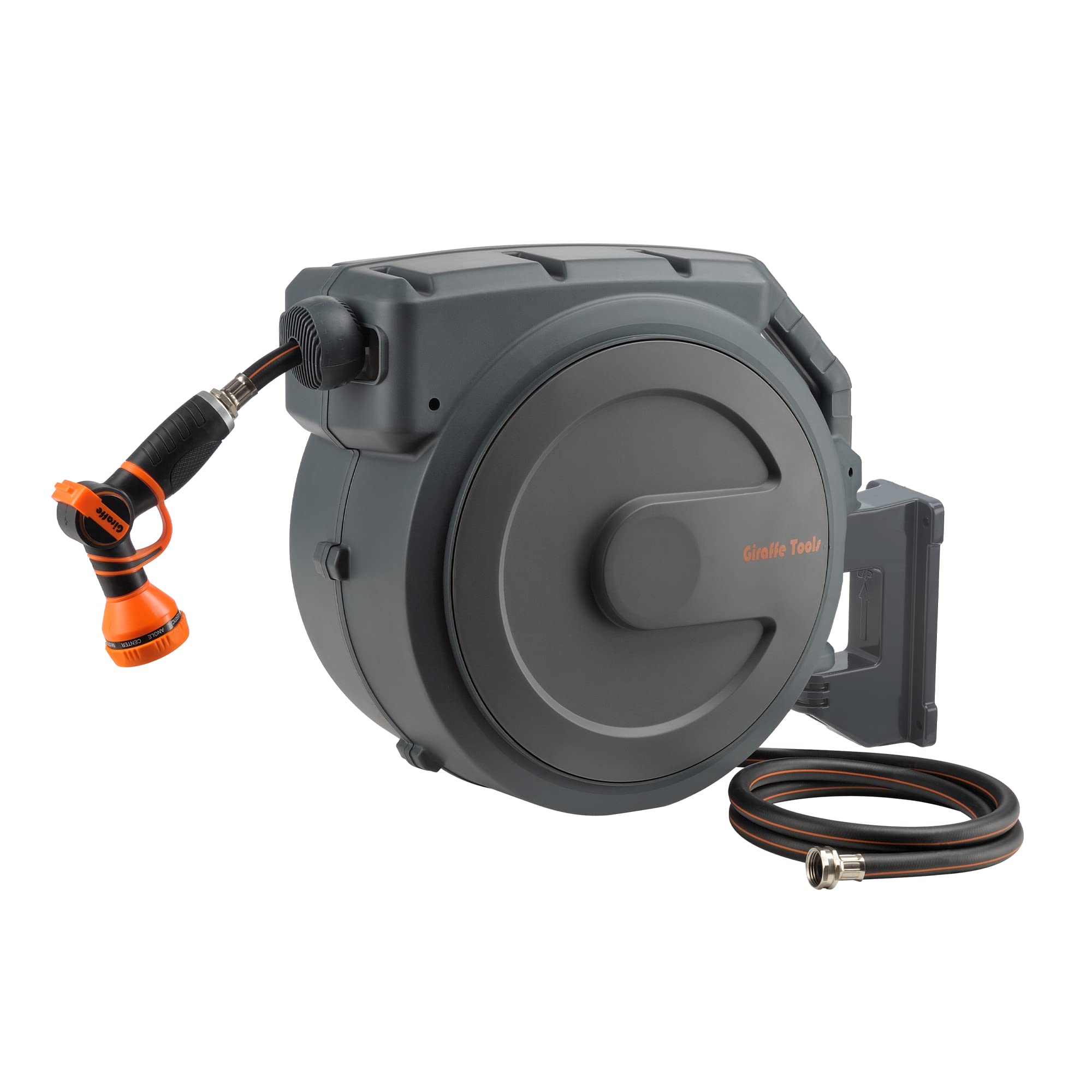 Giraffe Tools Retractable Garden Hose Reel 1/2 inch x 130 ft PRO Metal Bracket, Heavy Duty, Any Length Lock, Slow Return System, Wall Mounted and 180 Deg