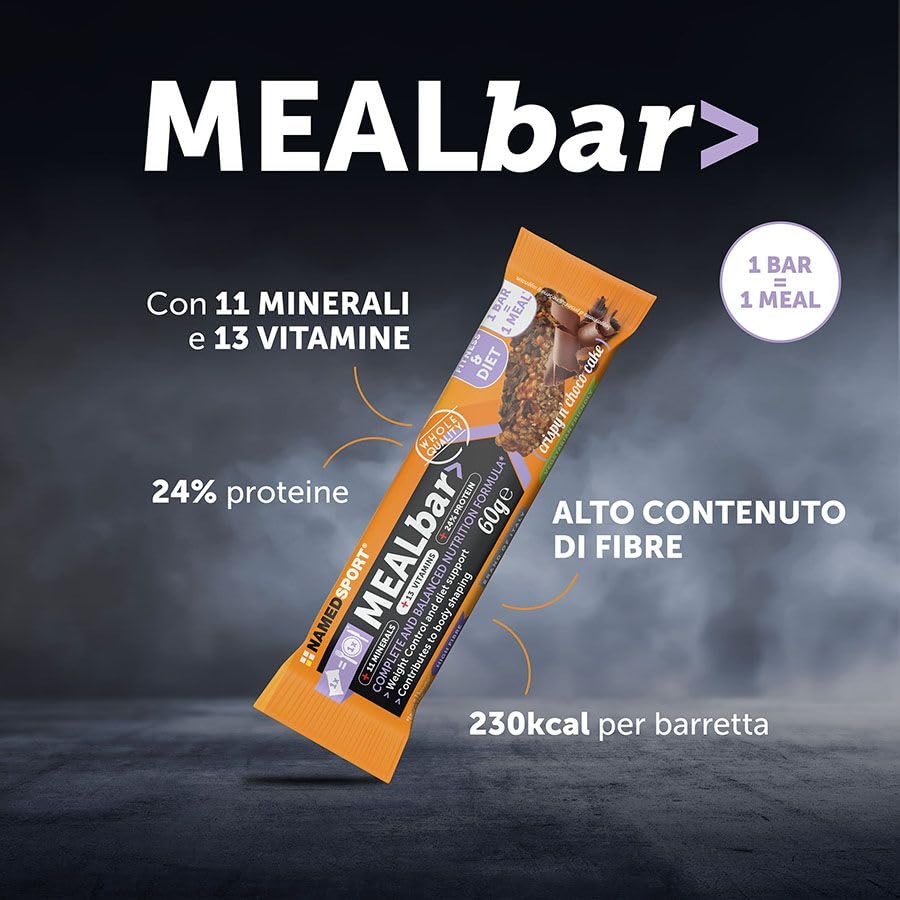 NAMEDSPORT MealBar> Crispy Choco Cake 20 x 60g | Barrette Proteiche Sostitutive Pasto | Pasto Sostitutivo Dimagrante Ricco di Fibre con 13 Vitamine e 11 Minerali | Senza Olio di Palma | Vetegariano