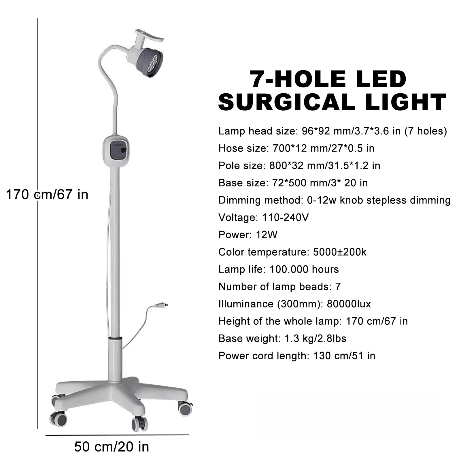 Lámpara de Examen Led Regulable Móvil de 12 W, Lámpara Cirugía Menor de Pie de 170 cm, Lámpara de Examen Ginecológico para Cirugía de Otorrinolaringología, Lámpara de Cuello de Cisne Flexible