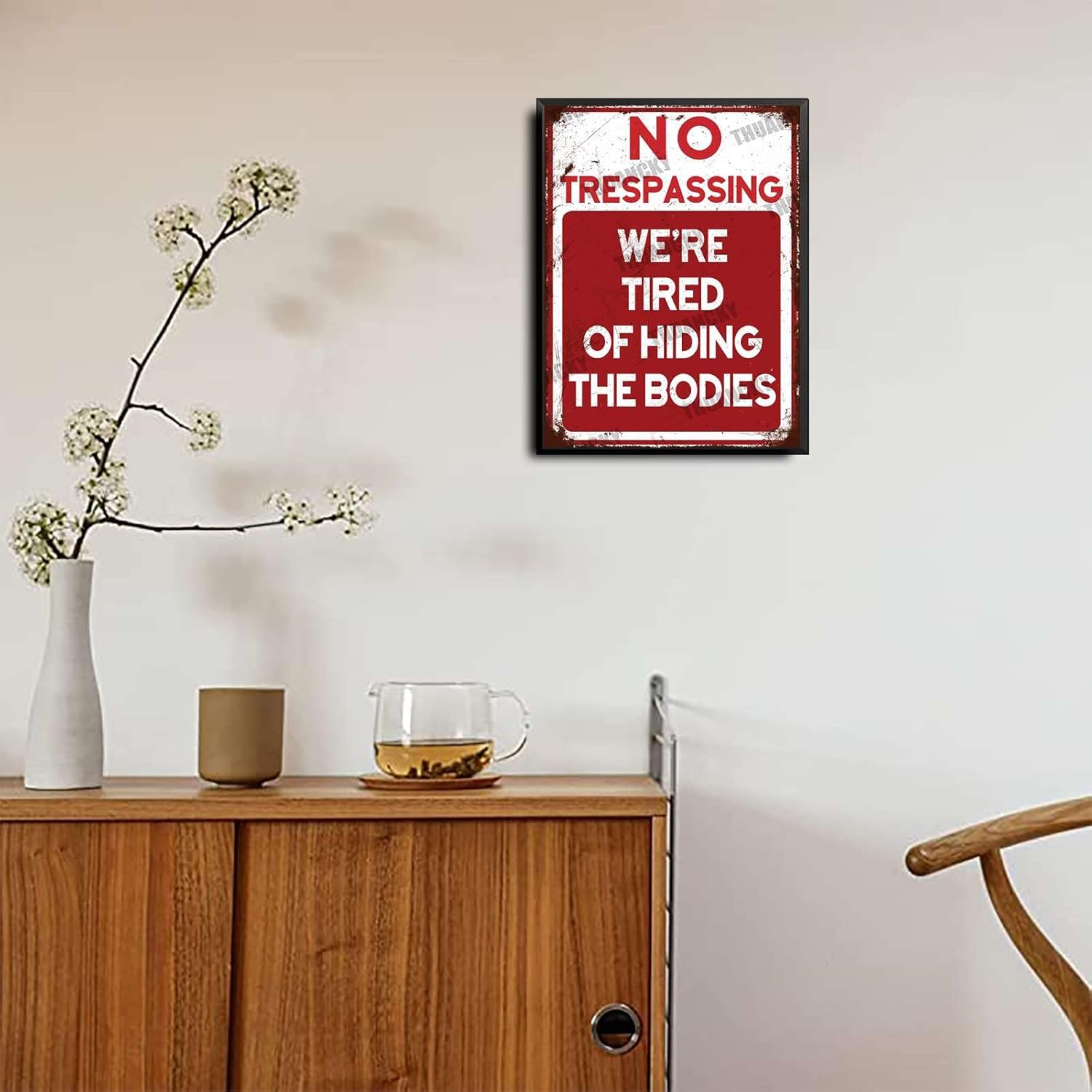 THUANCKY Aluminum Tin Signs Beware of Well Just Beware No Trespassing We're Tired of Hiding The Bodies Retro Metal Tin Sign Vintage Bar Decor Home Yard Signs 12x16inch with Black Metal Framed