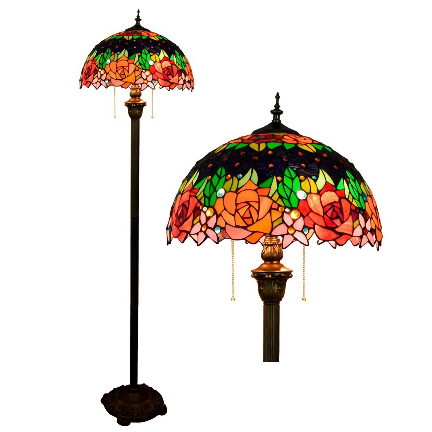 IUokLU Tiffany-style Floor Lamp, Rose Stained Glass StandLight with 16" Wide Lampshade, 64" Tall Vintage Crystal Table Lamp for Bedroom Farmhouse Office